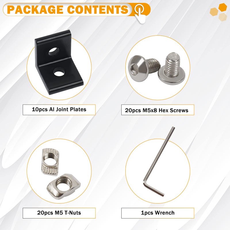 KOOTANS 10Set 2020Series 2 Hole 90 Degree Inside Corner Bracket Kit, Black L Corner Bracket for 2020 Aluminum Extrusion Profile 6mm Slot with 20pcs M5 T Nuts, 20pcs M5 Hex Screw, 1pcs Wrench - Image 4